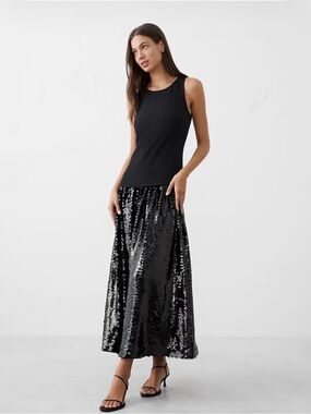 Banana Republic Drop Waist Maxi Black Crepe & Sequin Fit and Flare Dress